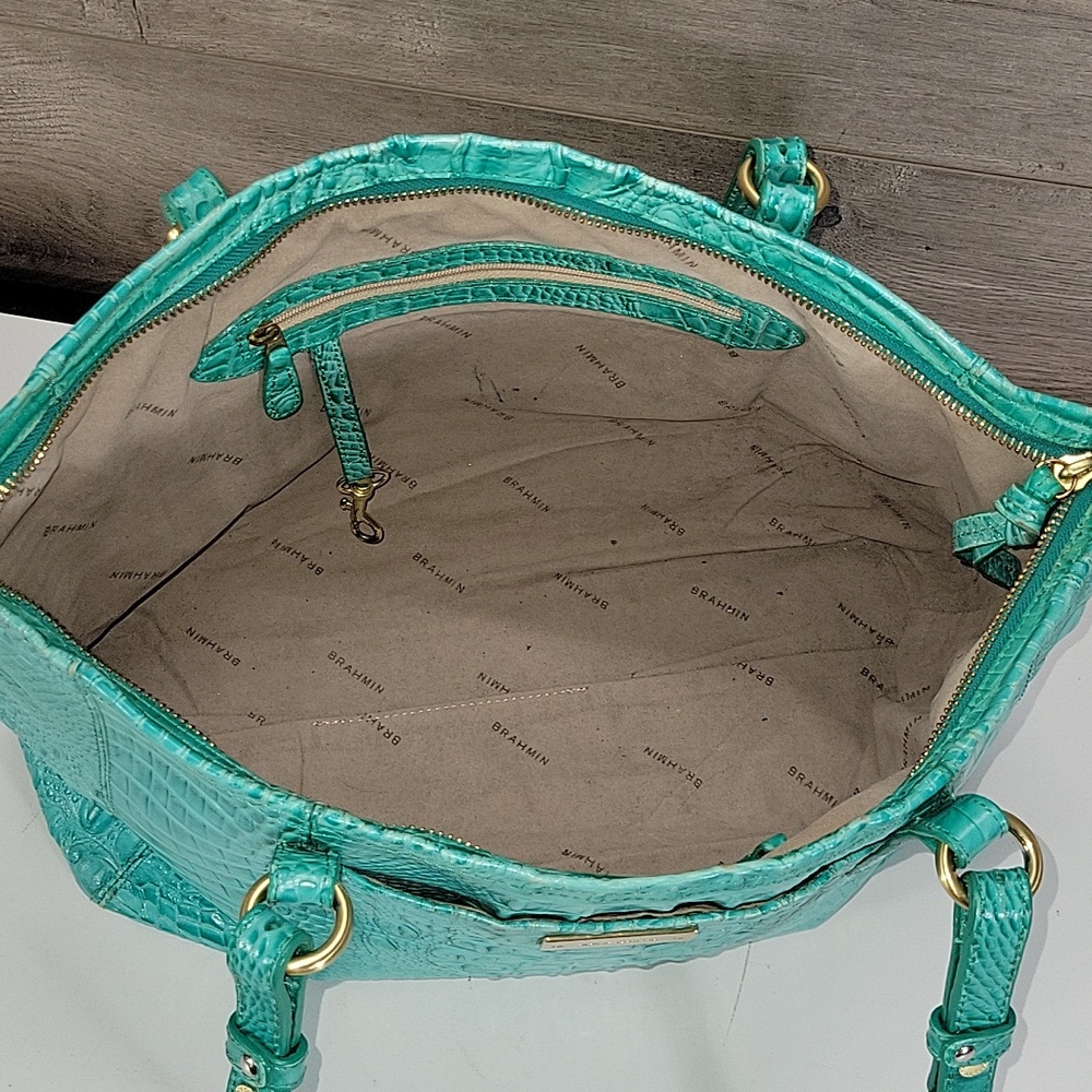 "Brahmin Bright Teal Croc-Embossed Tote Shoulder Bag - Picture 12 of 16
